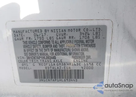 2017 Nissan Versa 1.6 S+ from USA, damaged, VIN 3N1CN7AP1HL893445